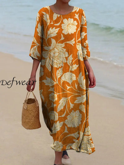 Retro Floral Art Printed Round Neck Vintage Loose Long Sleeves Midi Dress A / S