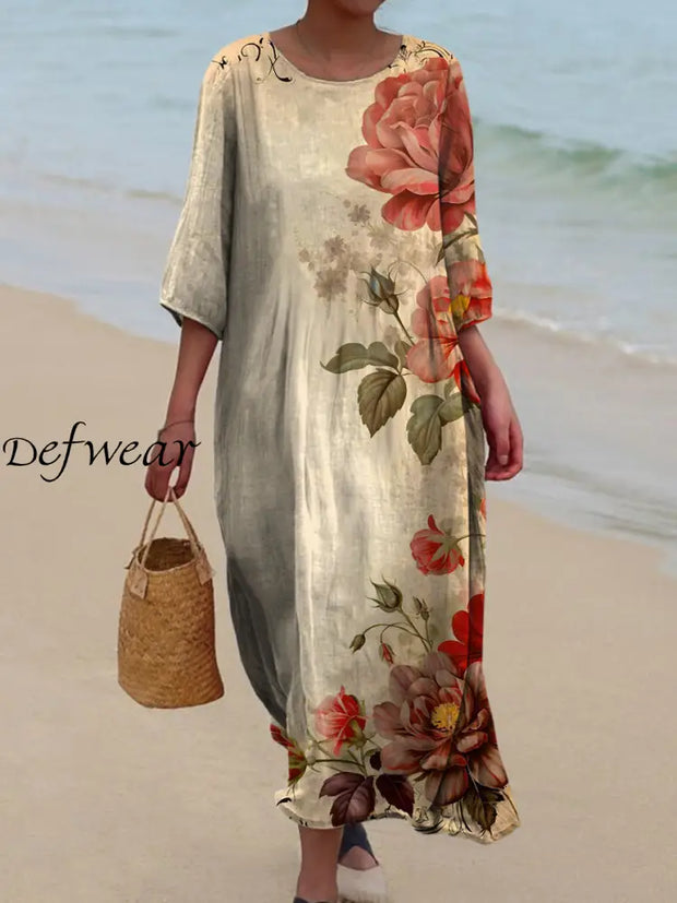 Retro Floral Art Printed Round Neck Vintage Loose Long Sleeves Midi Dress A / S