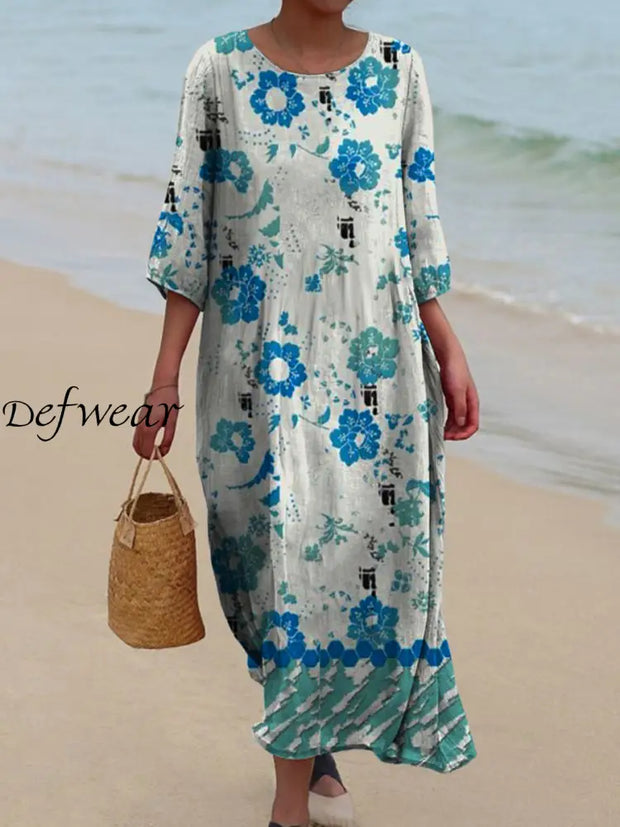 Retro Floral Art Printed Round Neck Vintage Loose Long Sleeves Midi Dress A / S