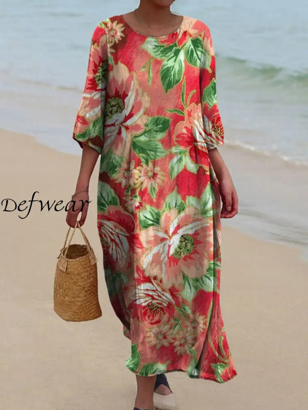 Retro Floral Art Printed Round Neck Vintage Loose Long Sleeves Midi Dress A / S