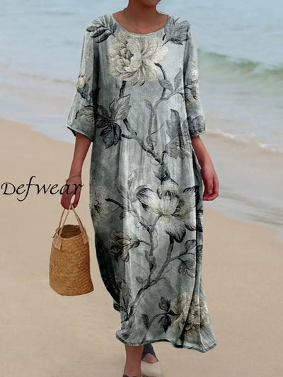 Retro Floral Art Printed Round Neck Vintage Loose Long Sleeves Midi Dress A / S