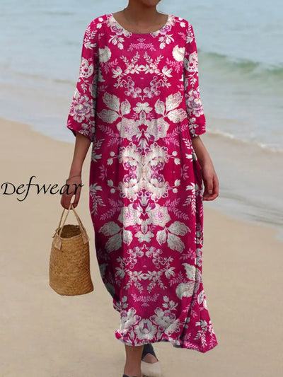 Retro Floral Art Printed Round Neck Vintage Loose Long Sleeves Midi Dress A / S