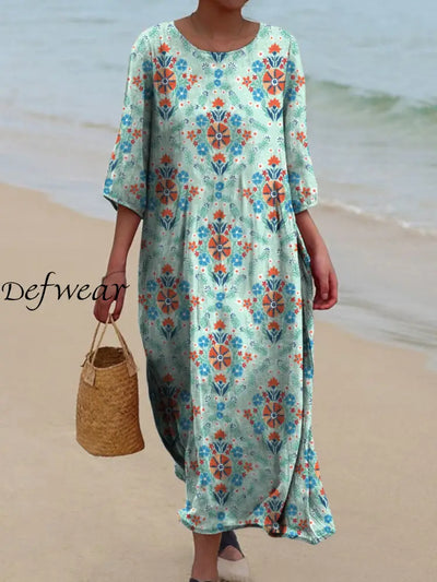 Retro Floral Art Printed Round Neck Vintage Loose Long Sleeves Midi Dress A / S