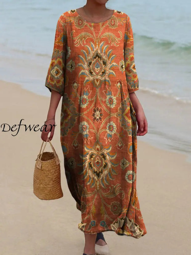 Retro Floral Art Printed Round Neck Vintage Loose Long Sleeves Midi Dress A / S