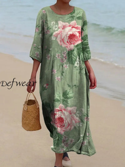 Retro Floral Art Printed Round Neck Vintage Loose Long Sleeves Midi Dress A / S