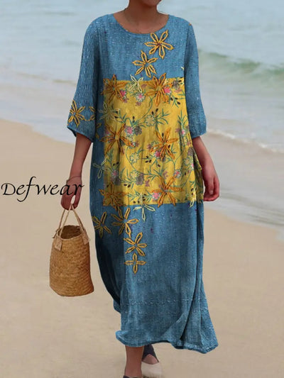 Retro Floral Art Printed Round Neck Vintage Loose Long Sleeves Midi Dress A / S