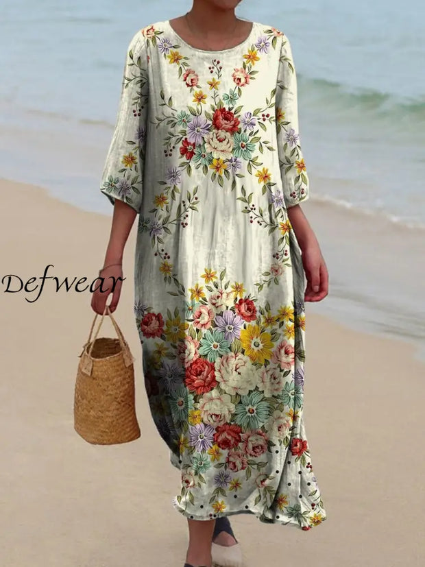 Retro Floral Art Printed Round Neck Vintage Loose Long Sleeves Midi Dress A / S