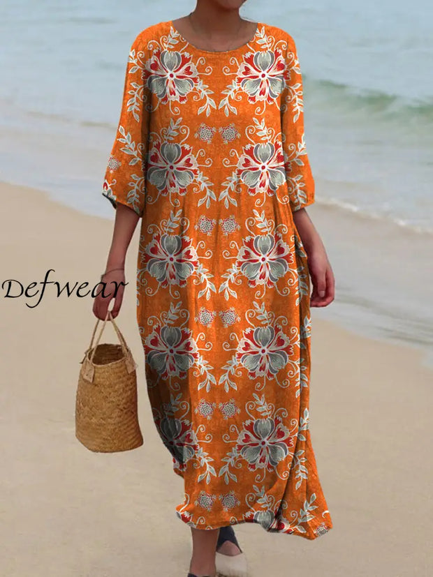 Retro Floral Art Printed Round Neck Vintage Loose Long Sleeves Midi Dress A / S