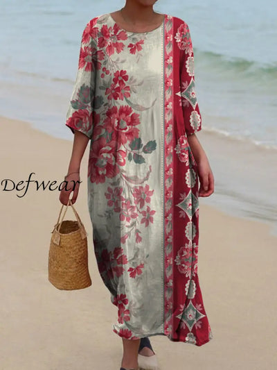 Retro Floral Art Printed Round Neck Vintage Loose Long Sleeves Midi Dress A / S