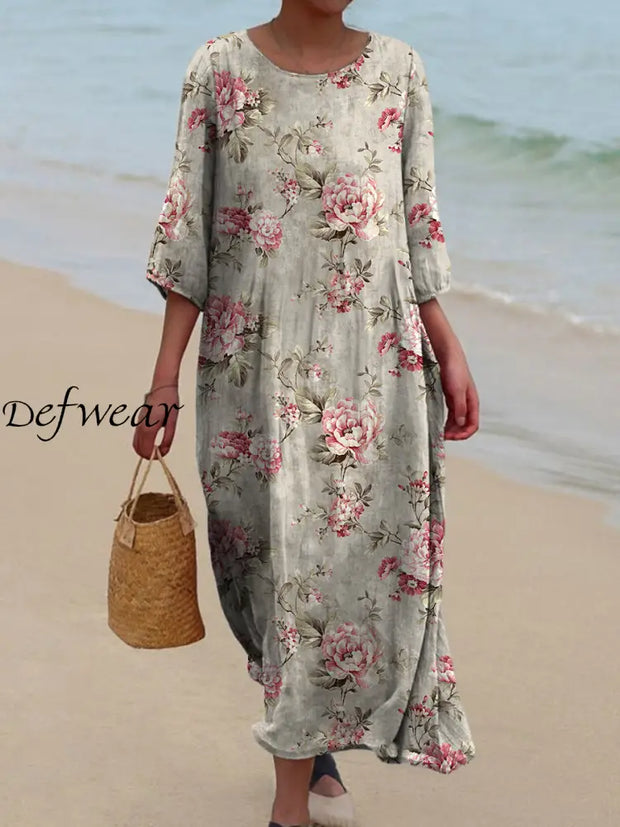 Retro Floral Art Printed Round Neck Vintage Loose Long Sleeves Midi Dress A / S