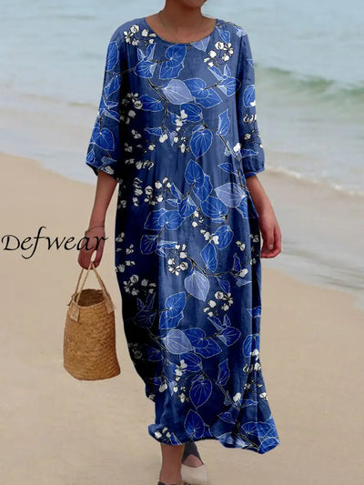 Retro Floral Art Printed Round Neck Vintage Loose Long Sleeves Midi Dress A / S