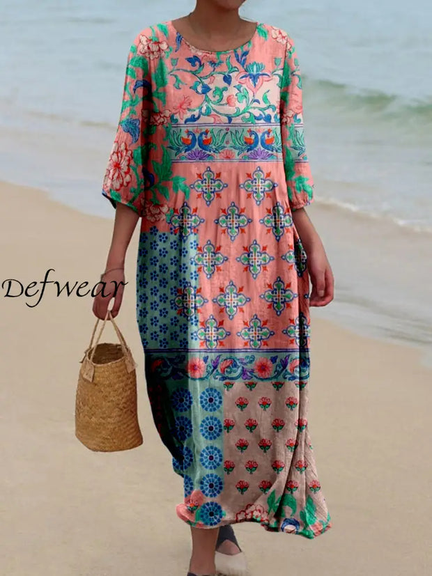 Retro Floral Art Printed Round Neck Vintage Loose Long Sleeves Midi Dress A / S