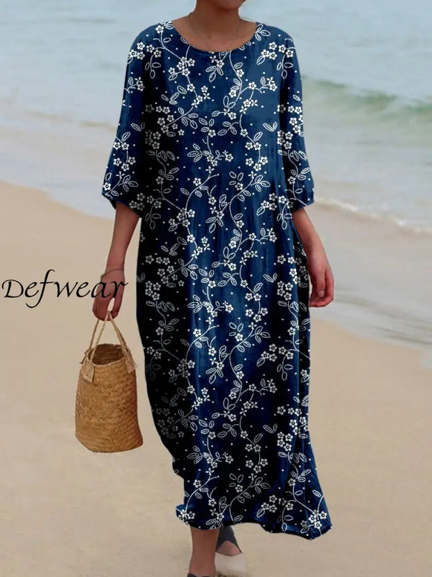 Retro Floral Art Printed Round Neck Vintage Loose Long Sleeves Midi Dress A / S