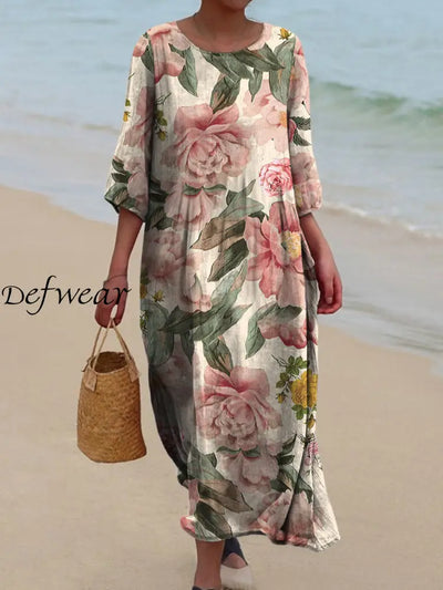 Retro Floral Art Printed Round Neck Vintage Loose Long Sleeves Midi Dress A / S