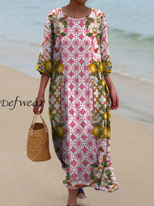 Retro Floral Art Printed Round Neck Vintage Loose Long Sleeves Midi Dress A / S