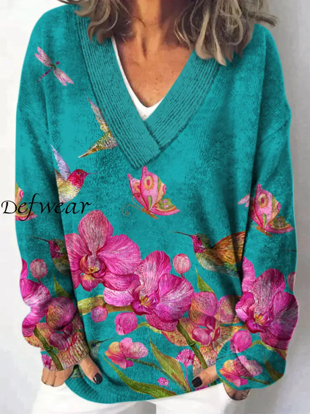 Retro Floral Art Printed V-Neck Casual Comfortable Long-Sleeved Loose Sweatshirt A / S