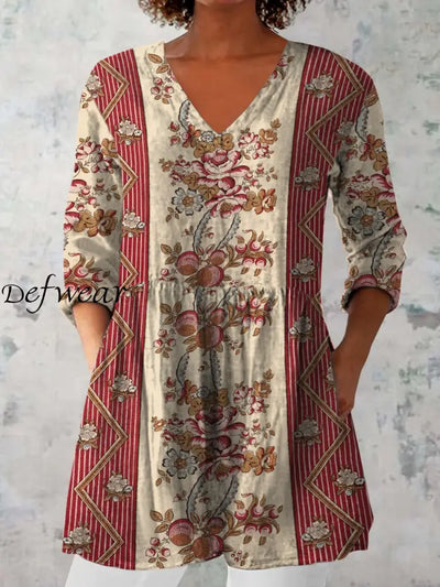 Retro Floral Art Printed V-Neck Linen Mid Long Sleeve Shirt A / S