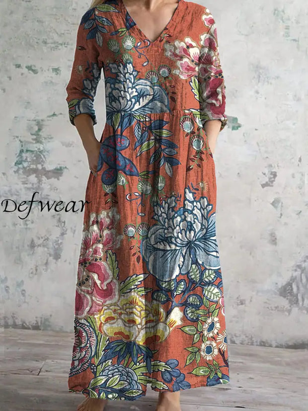 Retro Floral Art Printed V-Neck Vintage Casual Long Sleeve Midi Dress A / S