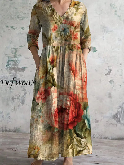 Retro Floral Art Printed V-Neck Vintage Casual Long Sleeve Midi Dress A / S