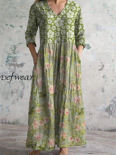 Retro Floral Art Printed V-Neck Vintage Casual Long Sleeve Midi Dress A / S