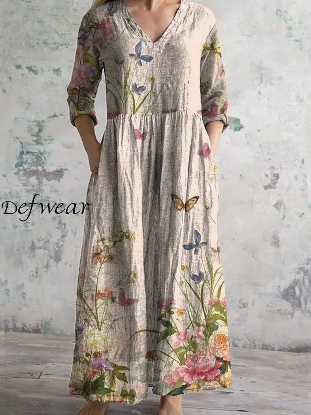 Retro Floral Art Printed V-Neck Vintage Casual Long Sleeve Midi Dress A / S