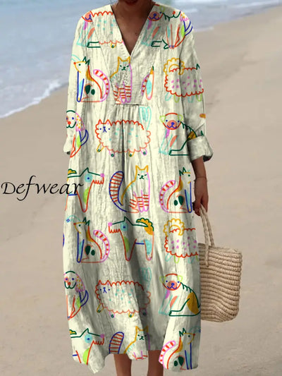 Retro Floral Art Printed V-Neck Vintage Chic Loose Long Sleeves Midi Dress A / S