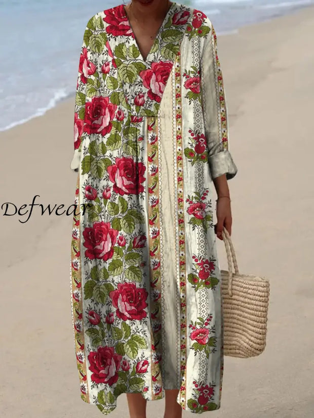 Retro Floral Art Printed V-Neck Vintage Chic Loose Long Sleeves Midi Dress A / S