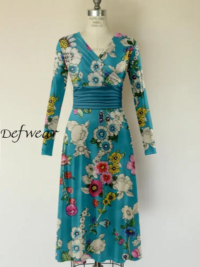 Retro Floral Art Printed Vintage V-Neck Pleated Waist Long Sleeves Midi Dress A / S