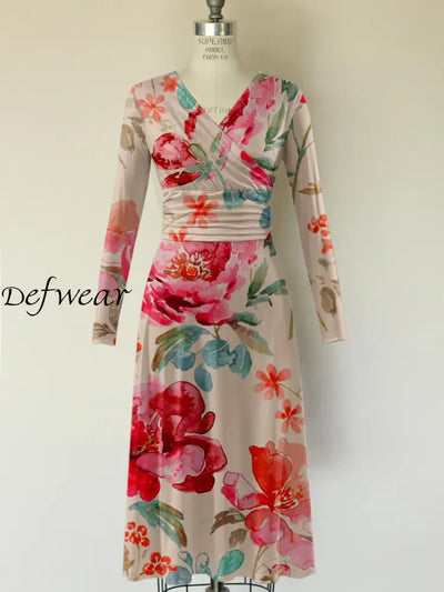 Retro Floral Art Printed Vintage V-Neck Pleated Waist Long Sleeves Midi Dress A / S