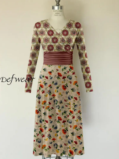 Retro Floral Art Printed Vintage V-Neck Pleated Waist Long Sleeves Midi Dress A / S