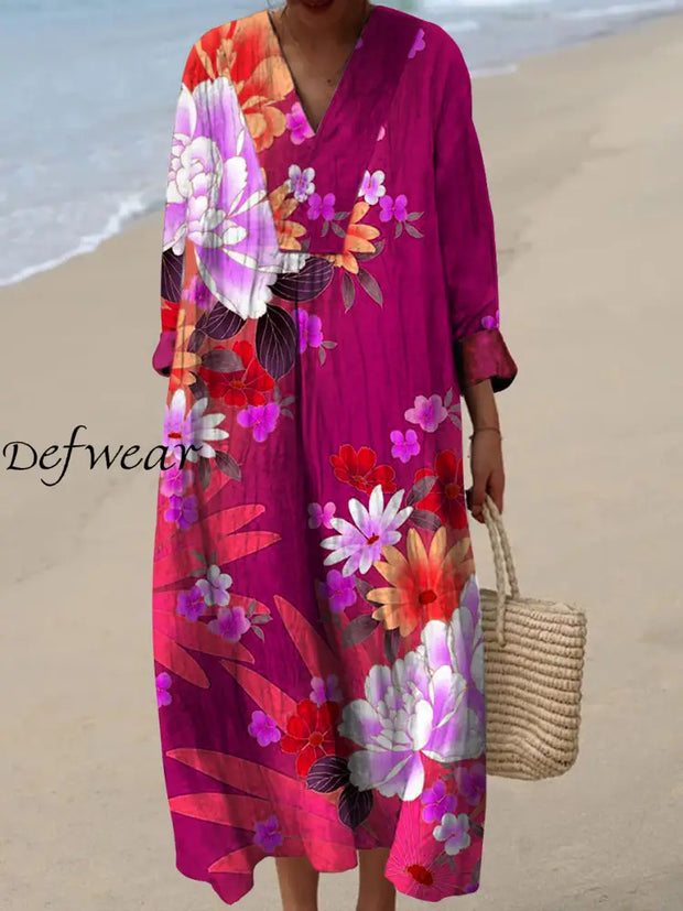 Retro Floral Art Printed Wide Edge V-Neck Vintage Loose Long Sleeves Midi Dress A / S