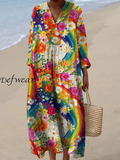 Retro Floral Art Printed Wide Edge V-Neck Vintage Loose Long Sleeves Midi Dress A / S