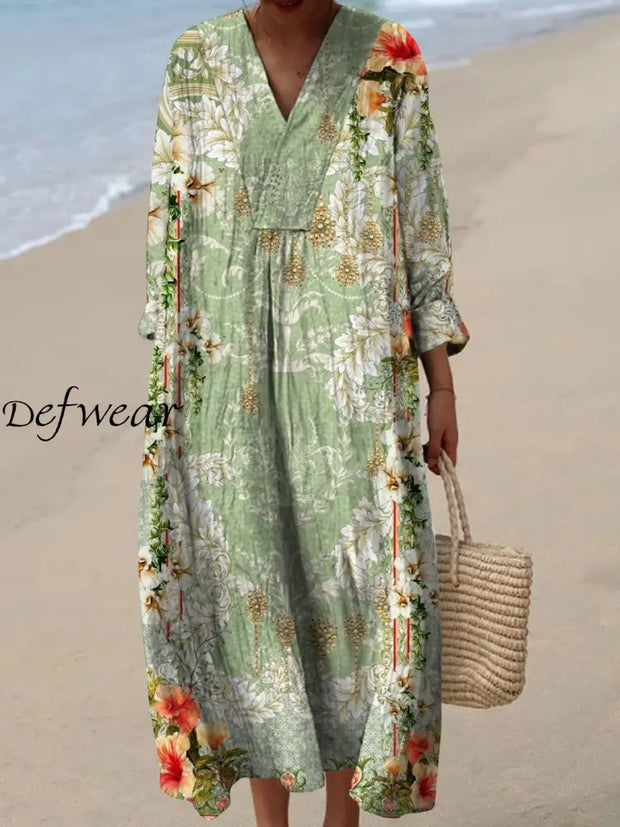 Retro Floral Art Printed Wide Edge V-Neck Vintage Loose Long Sleeves Midi Dress A / S