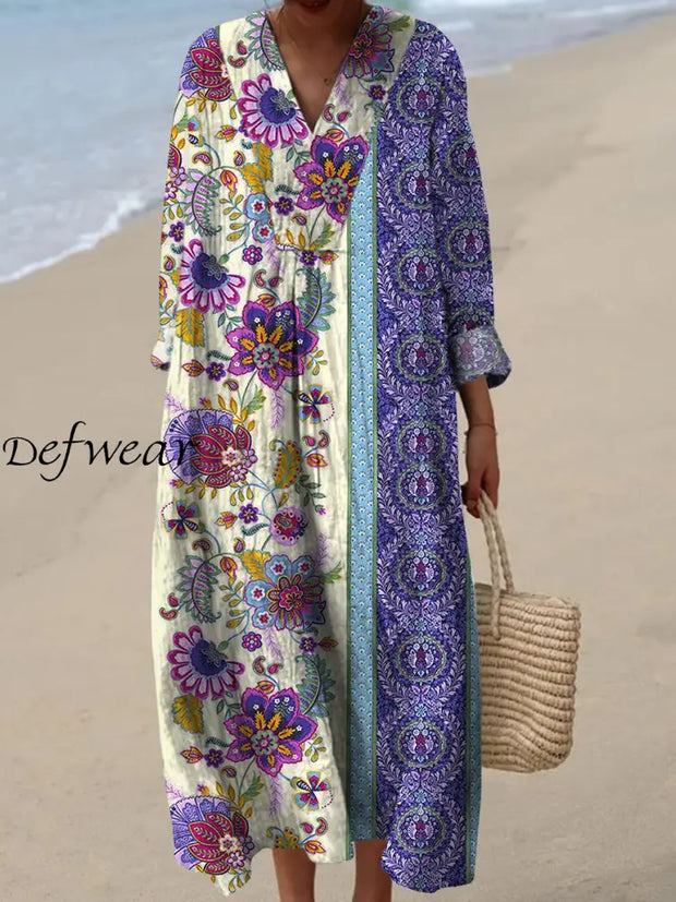 Retro Floral Art Printed Wide Edge V-Neck Vintage Loose Long Sleeves Midi Dress A / S