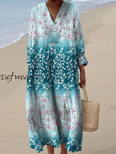 Retro Floral Art Printed Wide Edge V-Neck Vintage Loose Long Sleeves Midi Dress A / S