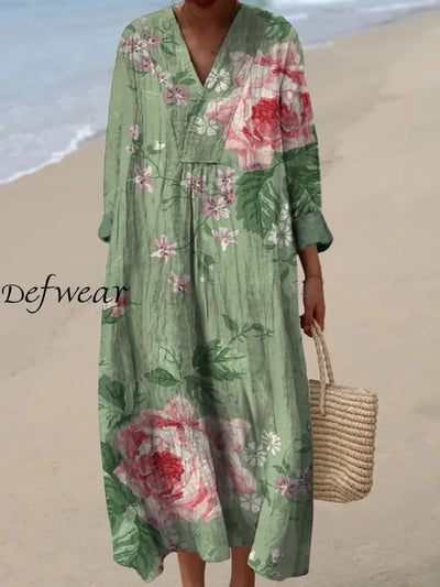 Retro Floral Art Printed Wide Edge V-Neck Vintage Loose Long Sleeves Midi Dress A / S