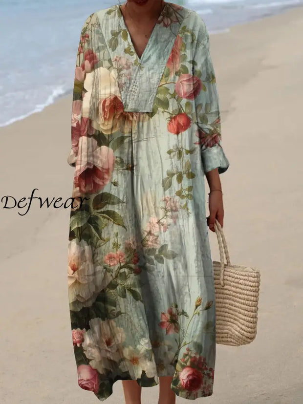 Retro Floral Art Printed Wide Edge V-Neck Vintage Loose Long Sleeves Midi Dress A / S