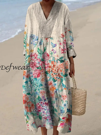 Retro Floral Art Printed Wide Edge V-Neck Vintage Loose Long Sleeves Midi Dress A / S