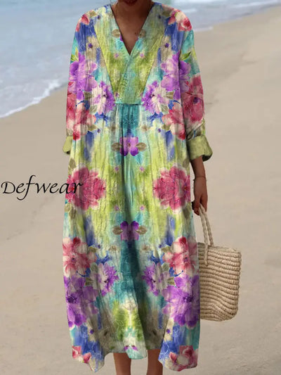 Retro Floral Art Printed Wide Edge V-Neck Vintage Loose Long Sleeves Midi Dress A / S