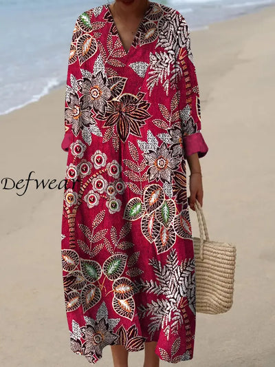 Retro Floral Art Printed Wide Edge V-Neck Vintage Loose Long Sleeves Midi Dress A / S