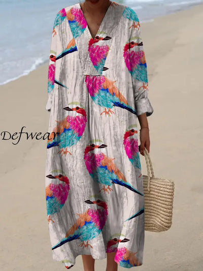 Retro Floral Art Printed Wide Edge V-Neck Vintage Loose Long Sleeves Midi Dress A / S