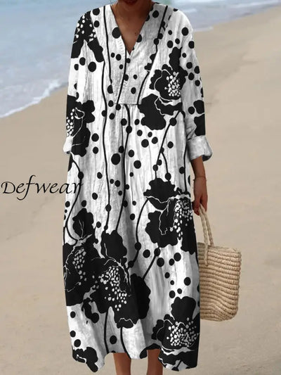 Retro Floral Art Printed Wide Edge V-Neck Vintage Loose Long Sleeves Midi Dress A / S