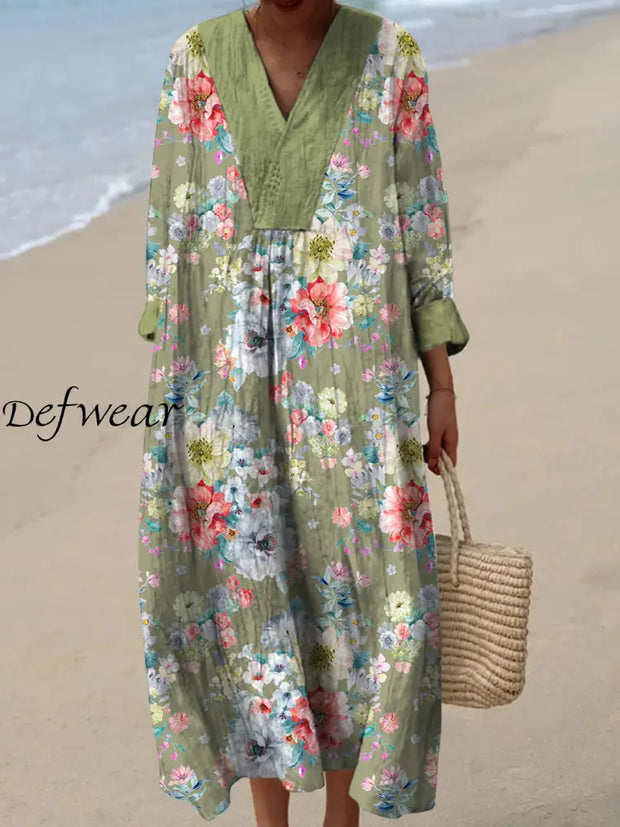 Retro Floral Art Printed Wide Edge V-Neck Vintage Loose Long Sleeves Midi Dress A / S