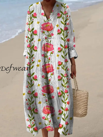 Retro Floral Art Printed Wide Edge V-Neck Vintage Loose Long Sleeves Midi Dress A / S