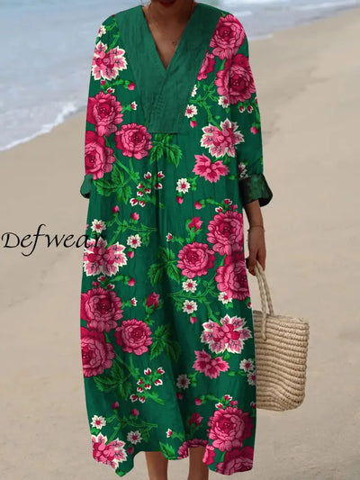 Retro Floral Art Printed Wide Edge V-Neck Vintage Loose Long Sleeves Midi Dress A / S