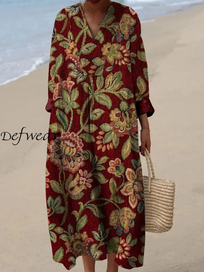 Retro Floral Art Printed Wide Edge V-Neck Vintage Loose Long Sleeves Midi Dress A / S