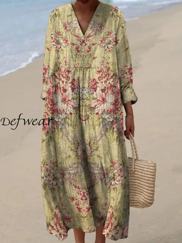 Retro Floral Art Printed Wide Edge V-Neck Vintage Loose Long Sleeves Midi Dress A / S