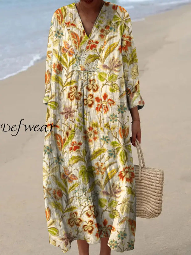 Retro Floral Art Printed Wide Edge V-Neck Vintage Loose Long Sleeves Midi Dress A / S