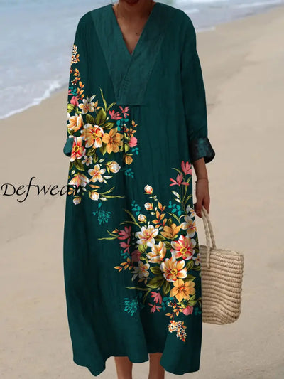 Retro Floral Art Printed Wide Edge V-Neck Vintage Loose Long Sleeves Midi Dress A / S