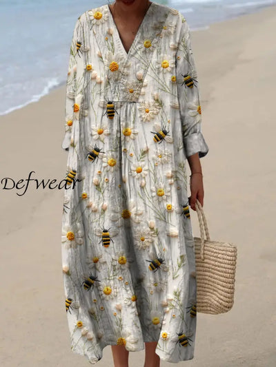 Retro Floral Art Printed Wide Edge V-Neck Vintage Loose Long Sleeves Midi Dress A / S